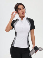 Women's Color Block Raglan Sleeve Half Button Up Fitted Equestrian Jacket